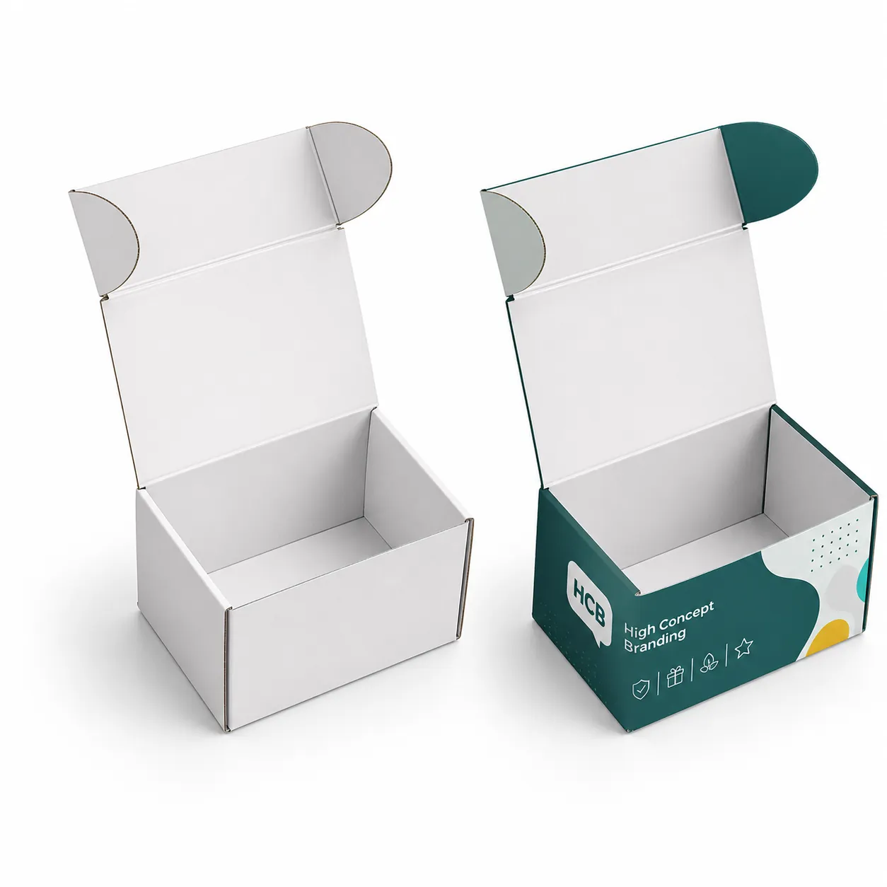 Vertical white and branded teal packaging boxes with an open lid design for premium retail merchandise display. class=